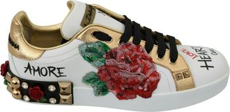 Dolce & Gabbana White Roses Sequined Crystal Womens Sneakers Shoes Leather