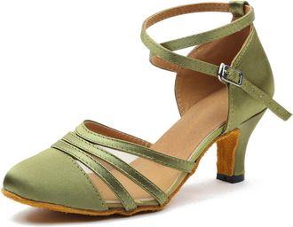 Minitoo Womens Latin Salsa Closed Toe Satin Mesh Ballroom Dance Shoes Party Pumps L189 Green UK 3.5