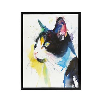 Artery8 Tuxedo Cat Lover Bright Watercolour Framed Canvas Wall Art Print | Size: W24 x H32