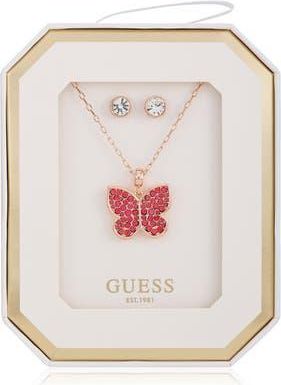Guess Butterfly Pendant Necklace & Stud Earrings Set in Rose Gold at Nordstrom Rack