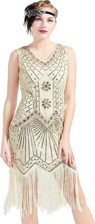 Babeyond Womens Flapper Dresses 1920s V Neck Beaded Fringed Great Gatsby Dress (Beige, XXXL)