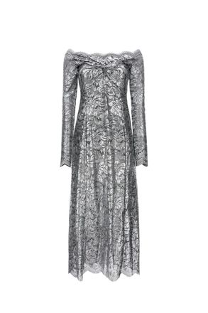 Paco Rabanne Lace Maxi Dress With Boat Neckline And Metallic Finish