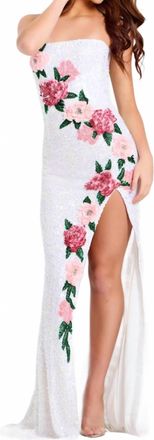 Jovani Strapless Sequin Floral Gown In White/multi