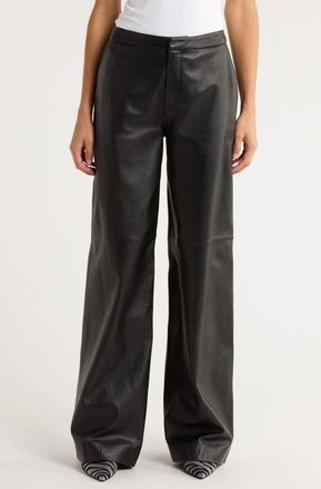 L'agence Livvy Straight Leg Lambskin Leather Trousers in Black at Nordstrom, Size 10