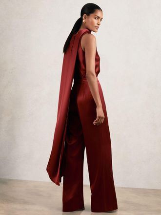 Reiss Dark Red Petite Satin Cape-sash Jumpsuit, 16