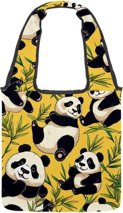Generic Cute Panda on Yellow Reversible Canvas Shoulder Tote - Double-Sided Print, 12oz Cotton, 27cm Drop, Fold-Flat Bag for Travel, Shopping, Street Outings
