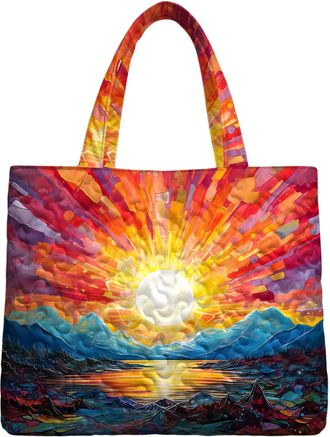 Generic Quilted Tote Bags, Oil Painting, Vintage Small Pouch Reusable Grocery Large Shoulder Tote Bag, for Gym Oil painting sun