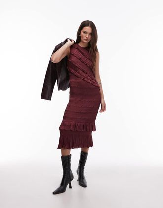 AllSaints Nyla - Vestito midi con volant bordeaux-Rosso