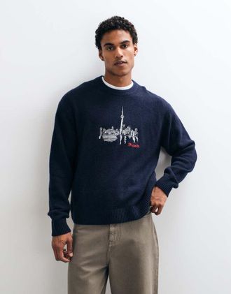 Abercrombie & Fitch maglione lavorato a maglia Toronto con stampa grafica e collo lupetto blu navy