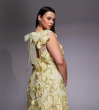 Asos Curve - Vestito corto in pizzo giallo a fiori decorato con perle pendenti 3D