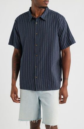 Billabong Garage Sandon Mixed Stripe Jacquard Short Sleeve Button-Up Shirt in True Navy at Nordstrom, Size Large