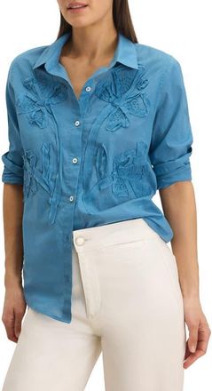 Nic+Zoe Beaded Floral Appliqu&eacute; Button-Up Top in Blue Chill at Nordstrom, Size Xx-Large