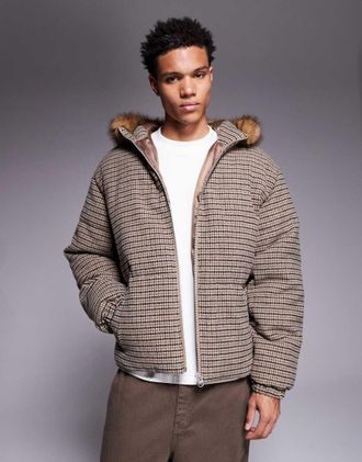 Asos Piumino a quadri vintage con pelliccia sintetica-Marrone