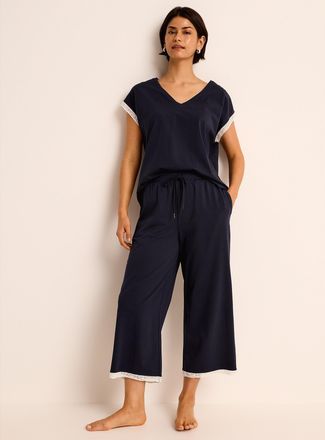 Miiyu Womens Lace-accent Supima cotton cropped pyjama pant