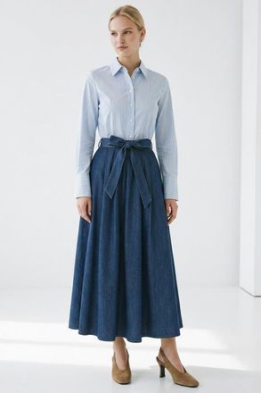 Exquise Cherrelle Long Sleeve Belted Denim Midi Dress in Blue at Nordstrom, Size Xx-Large