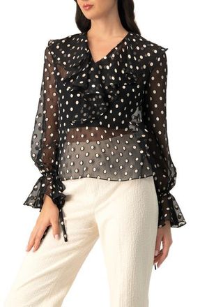 Ivonne See-Through Polka Dot V-Neck Blouse in Black at Nordstrom, Size 14
