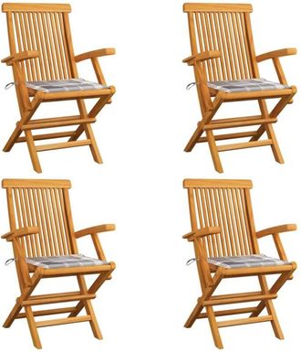 vidaXL Sillas De Jard&iacute;n 4 Uds Madera Teca Con Cojines A Cuadros Grises Vidaxl