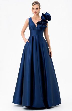 Bariano Mirella V Neck Ruffle Gown in Navy at Nordstrom, Size 4
