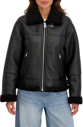 Sebby Faux Shearling Collar Aviator Jacket in Black at Nordstrom Rack, Size Medium