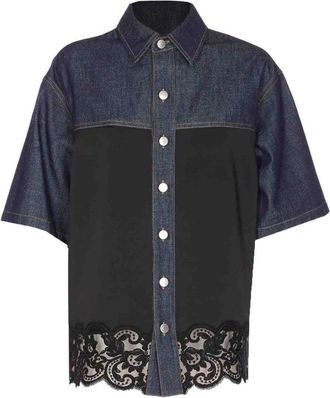 Stella McCartney Shirt met contrasterende panelen en kanten bies - Dames - Overhemden - Blauw - M - Katoen - Overhemden