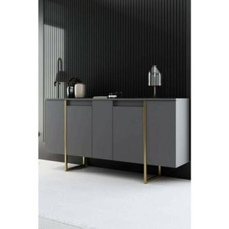 Dmora Aparador Betel, Buf&eacute; De Sal&oacute;n, Aparador De Sal&oacute;n, Despensa De Cocina, 160x35h80 Cm, Nogal Y Oro, Con Embalaje Reforzado - Dmora