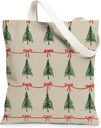 Generic Christmas Tree Canvas Tote Bags, Holiday Greenery Design Reusable Grocery Bags, Vintage Lightweight Washable Shoulder Strap, Beige, 13x15 Inch