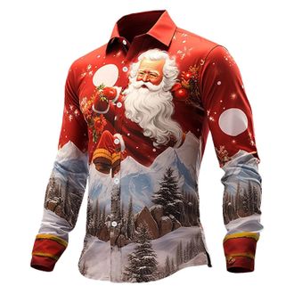 Generic Christmas Shirt Men Fun Christmas Xmas Holiday Shirts 3D Printed Santa Claus Shirts Long Sleeve Festive Party Theme Dress Shirt Ugly X mas Tree Slim F