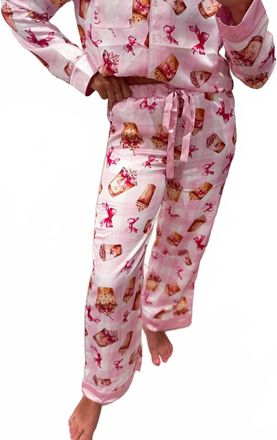 Peach Love California Coffee And Bows Print Satin Pajama Pants In Pink