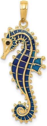 Diamond2Deal 14k Yellow Gold 3-D Blue Enameled Seahorse Pendant