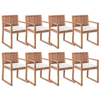 Beliani Conjunto De 8 Sillas De Jard&iacute;n R&uacute;stico Con Cojines Madera De Acacia Certificada Lino Sint&eacute;tico Marr&oacute;n Claro Y Blanco Crema Sassari Ii