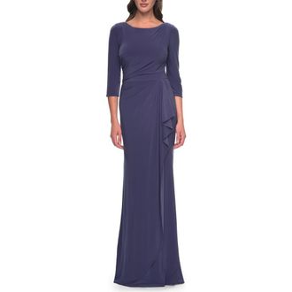 La Femme Chic Jersey Evening Dress with Ruching and Ruffle Skirt Detail in Smoky Blue at Nordstrom, Size 14