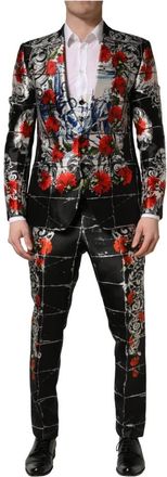 Dolce & Gabbana Zwart Bloemmotief 2 Knopen Formeel 3-delig Pak - Heren - Business pakken - Veelkleurig - L - Kostuums