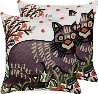 Beliani Conjunto De 2 Cojines De Algod&oacute;n Blanco Negro Marr&oacute;n 50 X 50 Cm Gato Phusro