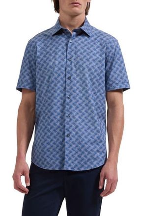 Bugatchi Miles OoohCotton Leaf Print Short Sleeve Button-Up Shirt in Cobalt at Nordstrom, Size Xxx-Large