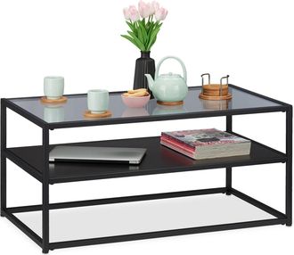 Relaxdays Mesa Centro Cristal De Sal&oacute;n Con Balda Inferior, Dise&ntilde;o Moderno, Vidrio, Dm Y Metal, Negro, 42 X 90 X 50 Cm - Relaxdays