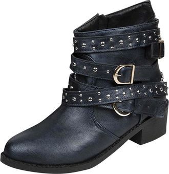 Generic Womens Ankle Boots Belt Buckle Biker Boot Low Heel Combat Boots with Chain Rivets PU Booties Ladies Mid-Calf Boot Side Zipper Chunky Heel Shoes Fall W