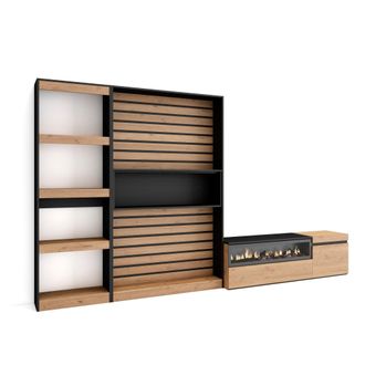 Skraut Home Muebles De Sal&oacute;n Para Tv, Conjunto De Muebles Comedor, 320x186x35cm, Chimenea El&eacute;ctrica, Estilo Moderno, Roble Y Negro - Skraut Home