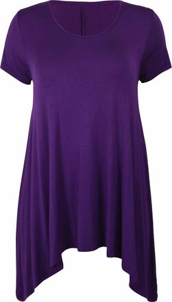 Purple Hanger Womens New Plain Uneven Dipped Hem Round Scoop Neck Ladies Short Sleeve Stretch Fit T-Shirt Top Purple Size 26-28