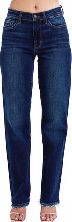 Judy Blue Mid Rise Straight Leg Fray Hem Jeans In Dark Wash
