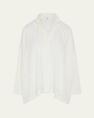 Eskandar Satin Box Check Jacquard Wide Longer-Back Double-Stand Collar Shirt (Mid Plus Length)