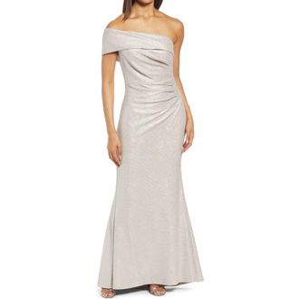 Eliza J One-Shoulder Glitter Mermaid Gown in Beige at Nordstrom, Size 16