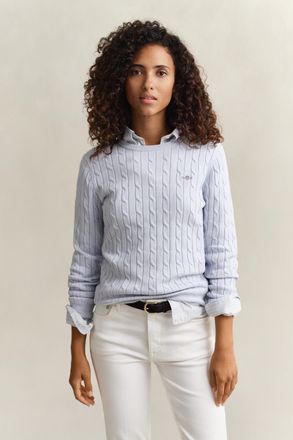 GANT Strickpullover GANT STRETCH COTTON CABLE C-NECK, Damen, Gr. XXL, light blau, Strick, Obermaterial: 88% Baumwolle, 10% Polyamid, 2% Elasthan, schmal h&uuml;