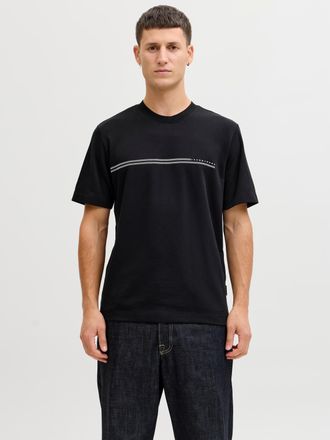 Jack & Jones Kurzarmshirt JACK & JONES JCOFUSION CHEST BRAND TEE SS CREW SN, Herren, Gr. XXL, schwarz, Jersey, Obermaterial: 58% Polyester, 42% Baumwolle, bedruckt