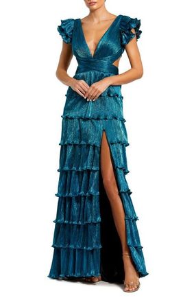 Mac Duggal Ruffle Tiered Criss Cross Lace Up Gown in Blue at Nordstrom, Size 14