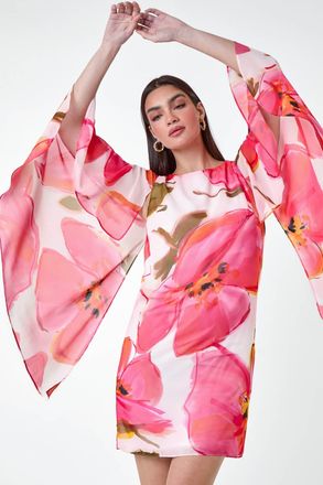 Ariella Floral Print Chiffon Cape Shift Dress