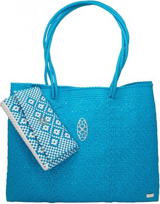 Lola's Bag Womens Travel Woven Tote Bag With Clutch In Sea Blue