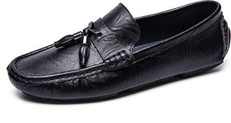 Generic Mens Loafers Tassel Genuine Leather Round Toe Stitching Details Flat Heel Comfortable Slip Resistant Anti-Slip Flexible Walking Party Slip-ons(6.5 UK)