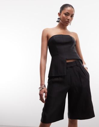 AllSaints Charley - Jorts sartoriali neri in misto lino a pieghe in coordinato-Nero