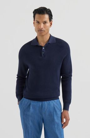 Brunello Cucinelli Cotton English rib knit polo with long raglan sleeves in Navy Blue at Nordstrom, Size 56