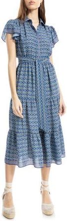 Max Studio Floral Tie Front Shirtdress in Blue Floral Chain at Nordstrom Rack, Size X-Large